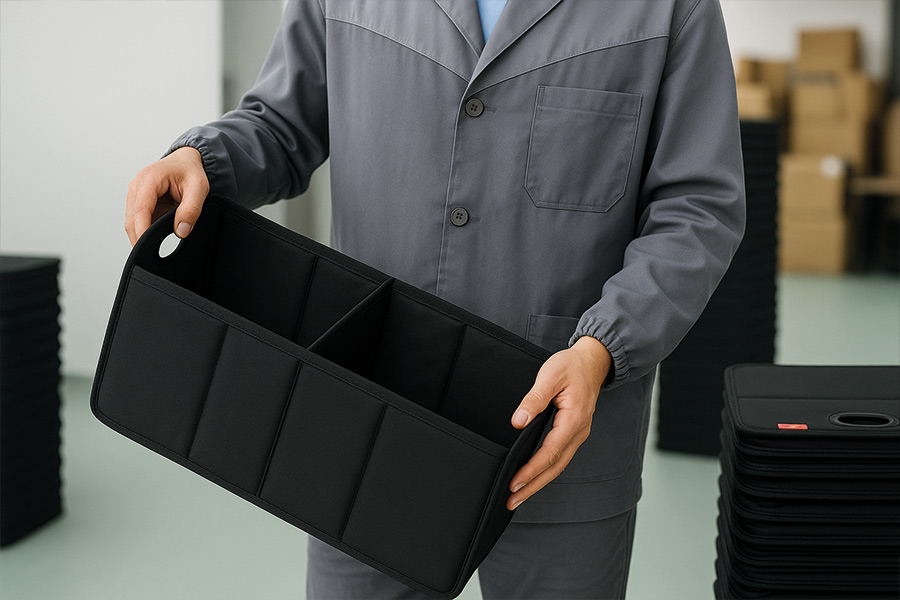 Lagerist mit schwarzer Autofaltbox in der Hand. Im Hintergrund stehen weitere Türme von schwarzen Autofaltboxen.