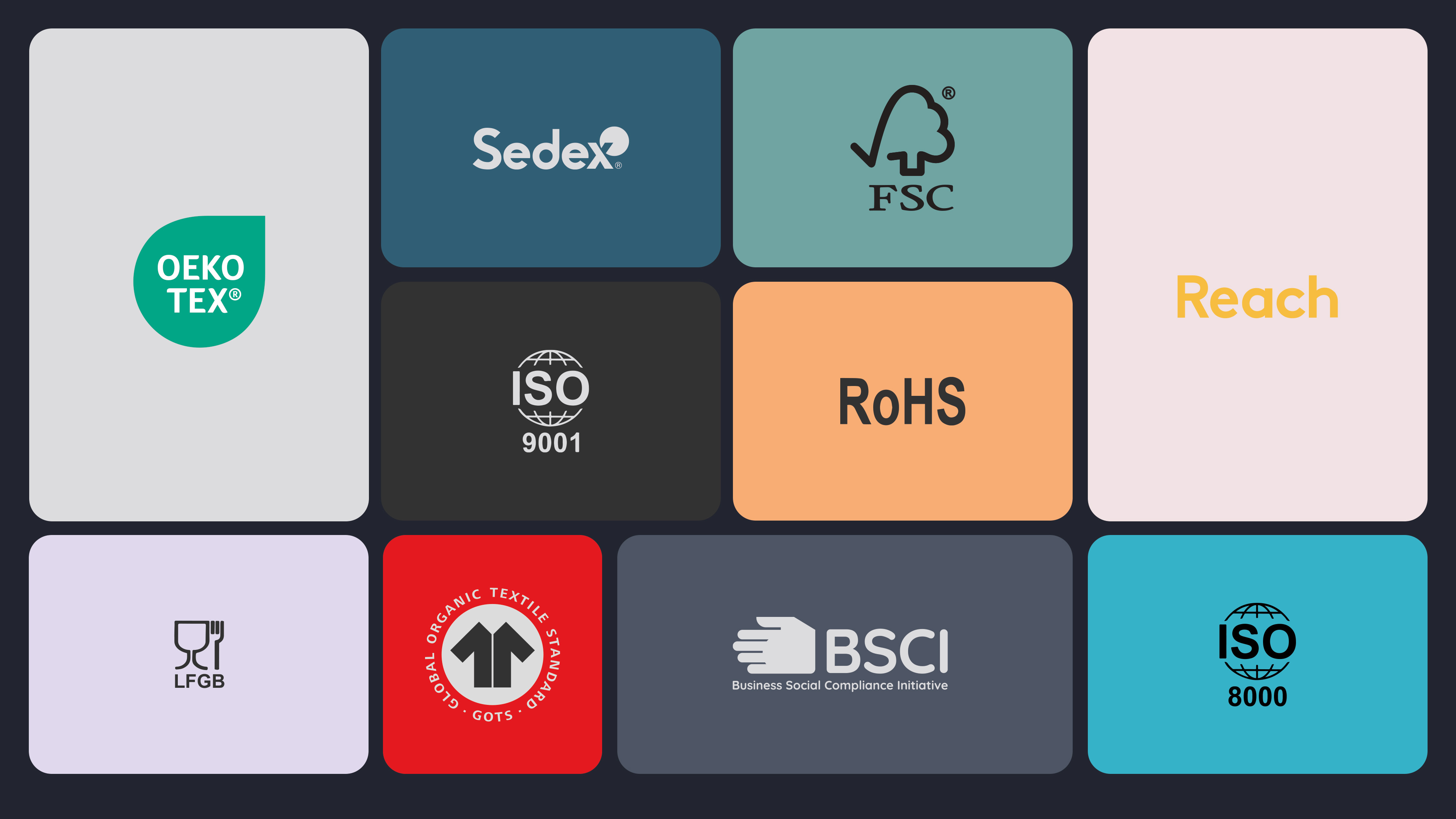 Produktionsstandarts: OEKO TEX, Sedex, FSC, ISO 9001, RoHS, Reach, LFGB, GOTS, ISO 8000
