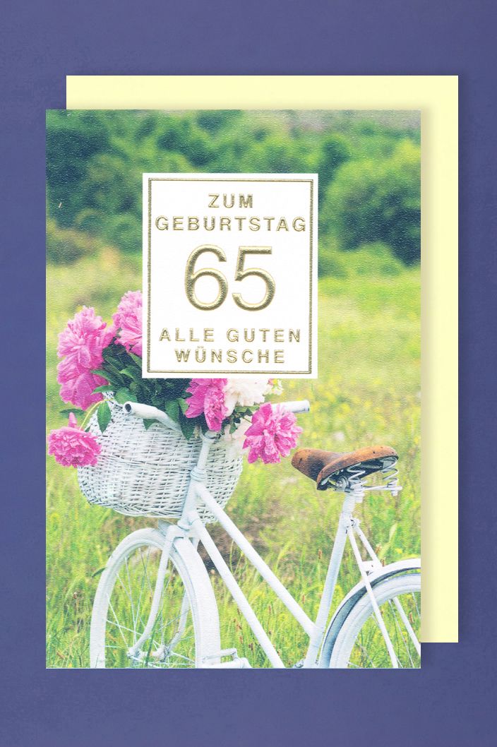 65 Geburtstag Karte Grußkarte Golddruck Fahrrad Blumenkorb 16x11cm