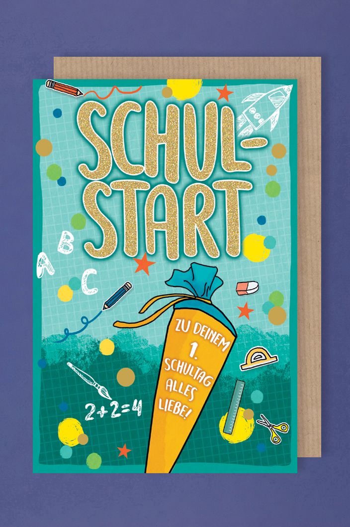 Einschulung Karte Grußkarte Schulstart Schultüte Glitterdruck 16x11cm