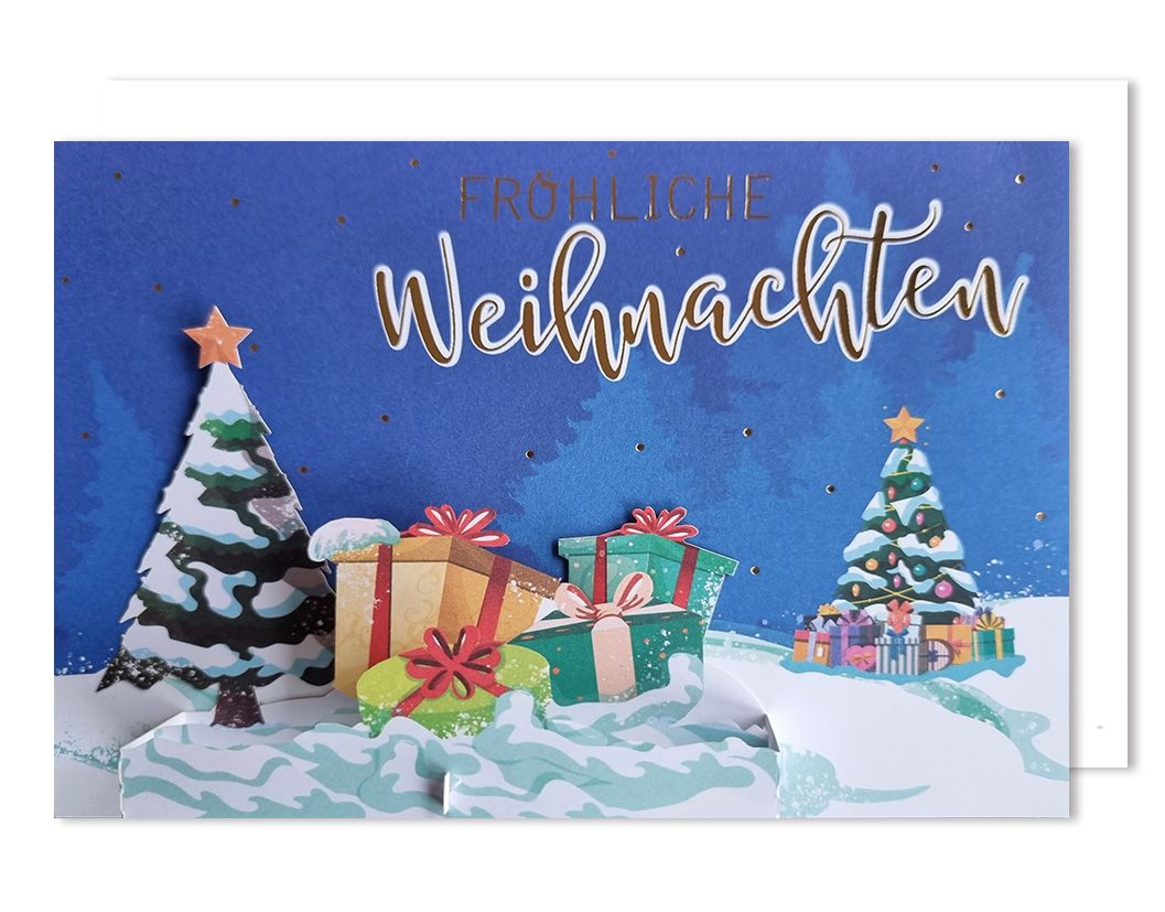 Weihnachten Feiertage 3D PopUp Karte Grußkarte Tannen Geschenke 16x11cm