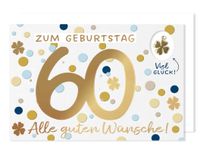 60 Geburtstag Grußkarte Karte Glücksbringer Metall Anhänger Kleeblatt  Punkte 16x11cm