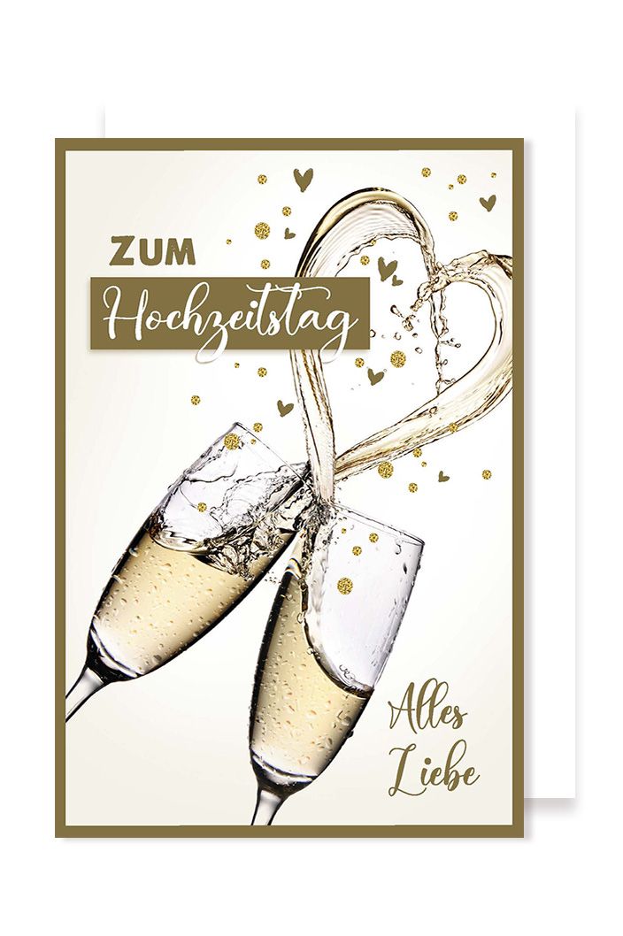 Hochzeitstag Karte Grußkarte Herz Sekt Champagner Golddruck 16x11cm