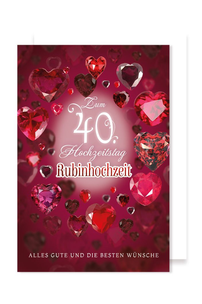 Rubinhochzeit Grußkarte 40 Hochzeitstag Rubinherzen 16x11cm AvanCarte