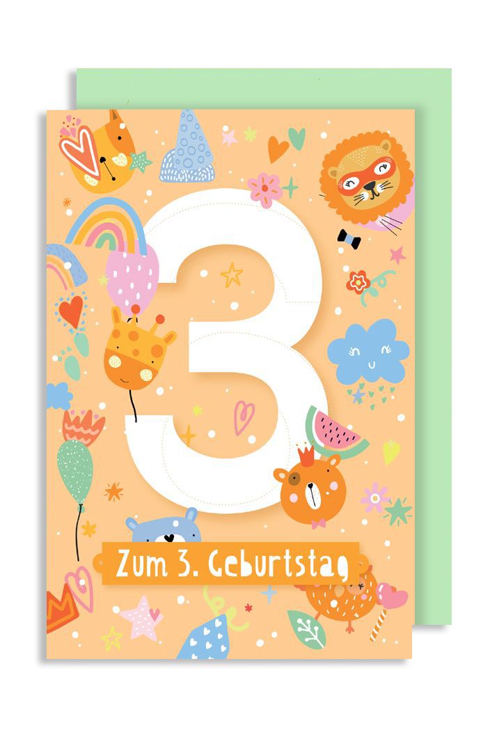 3.Geburtstag Kinder Karte Grußkarte Katze Hund Luftballon bunt16x11cm