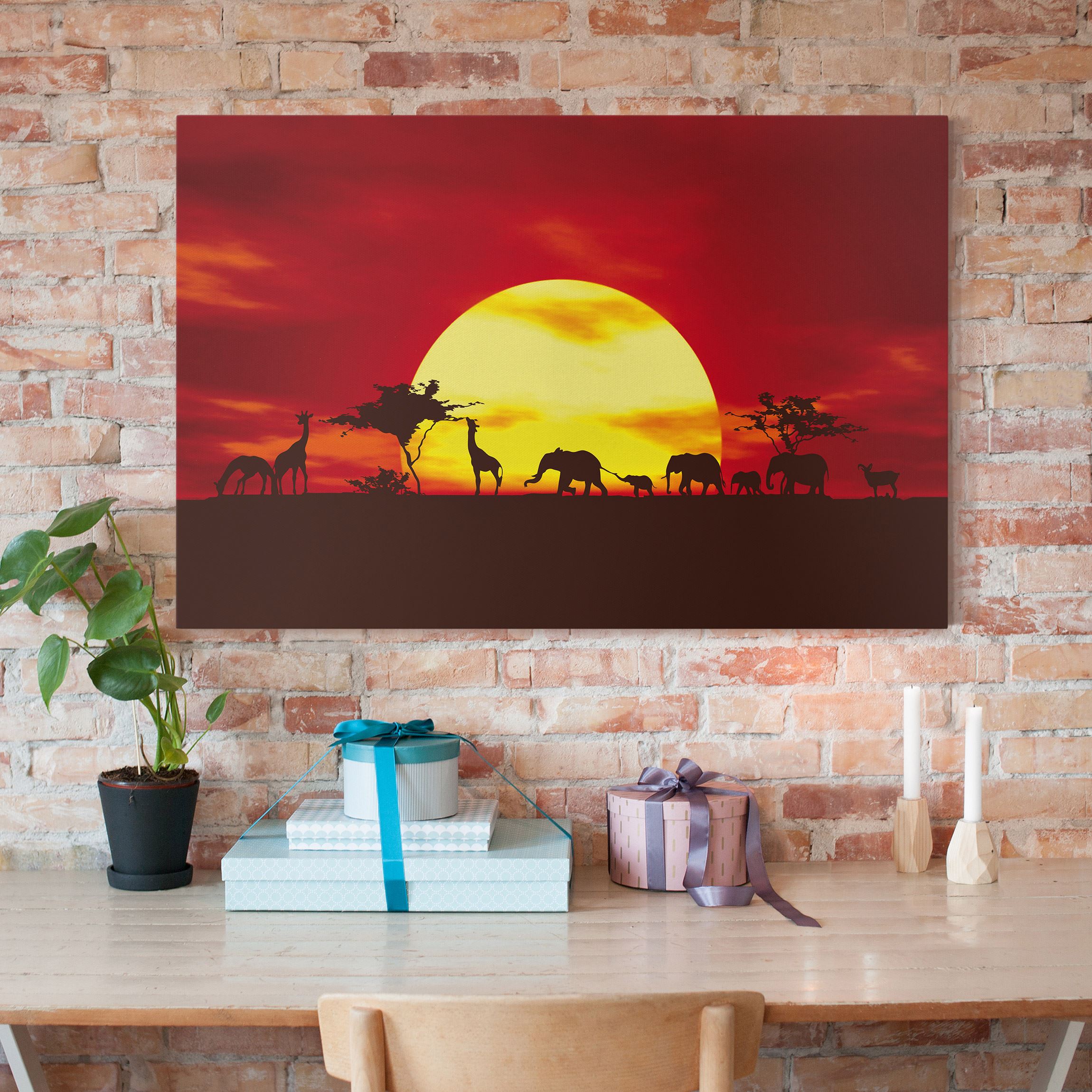 Afrika Leinwandbild No Cg80 Sunset Caravan Elefanten Giraffen Rot Gelb Quer 2 3