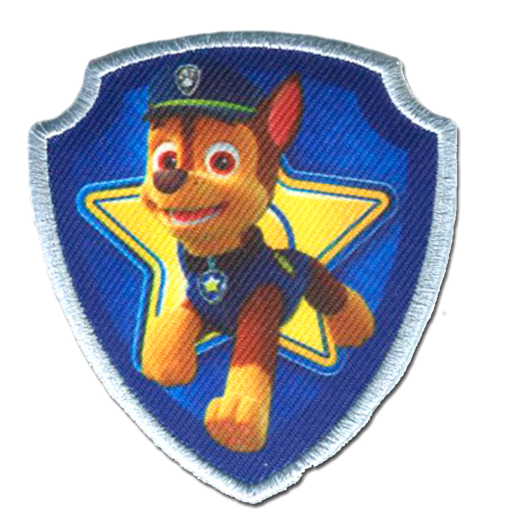 Iron on patches 6,1 x 7 cm Application Embroided PAW PATROL /"CHASE/" blue