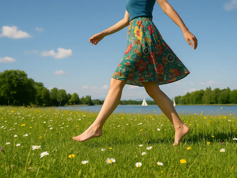 Frau barfuss auf Sommerwiese am See