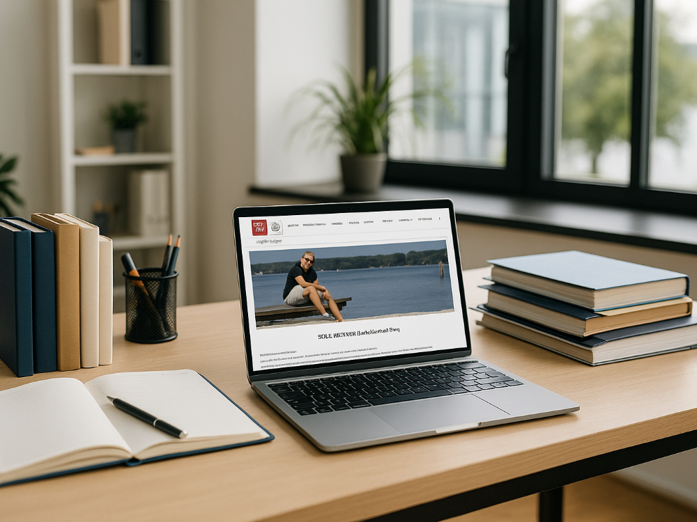 Schreibtisch mit Laptop und Akten