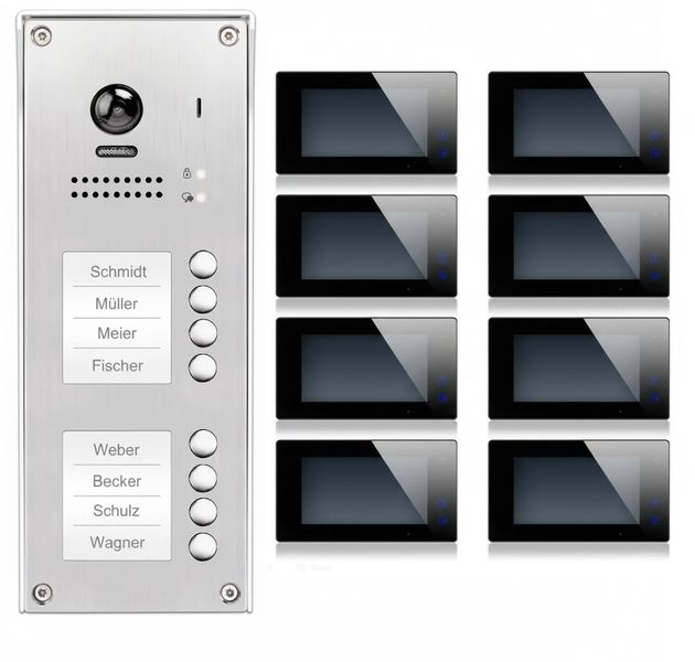 Video-Türsprechanlage 8 Familien Mehrfamilienhaus 8 Klingeln 8 Monitore Set Edelstahl DT608-8