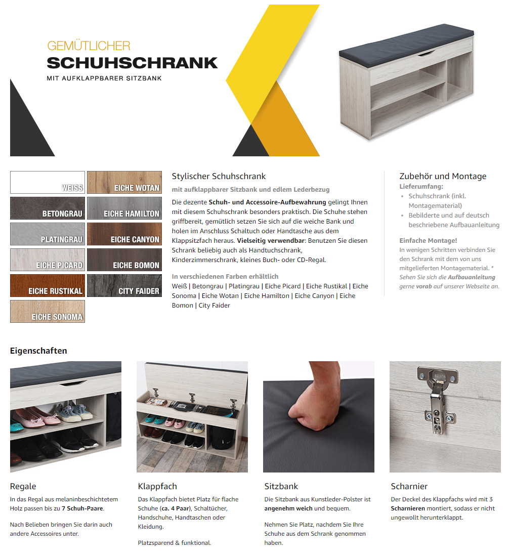 Schuhregal Flur Schuhschrank Aufklappbar Sitz-Ablage Eiche-Picard WM034