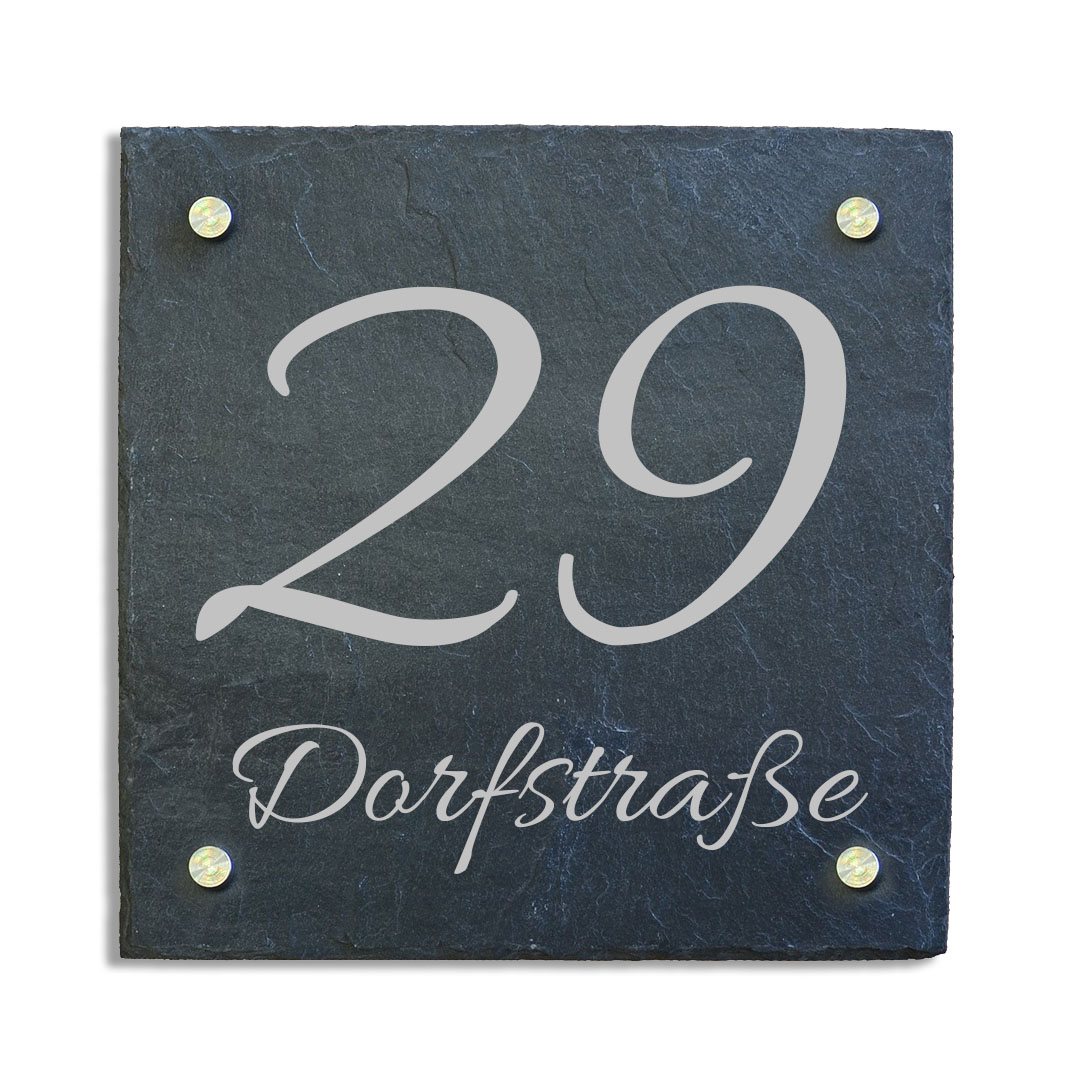 individuellem wetterfestem Druck und Abstandshalter aus Edelstahl 20 x 20 cm Haust/ürschild Hausnummer Hausschild aus Schiefer incl