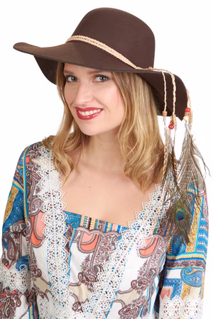 Flapper brauner Hut mit Lederband und Federdeko Hippiehut 70er Karneval Fasching