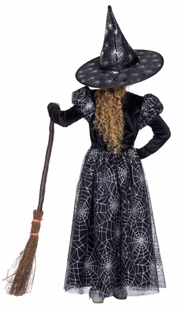 Hexenkostüm m Hut Kinder Spinnennetz Hexe Kleid Gr.116-152 Karneval Halloween