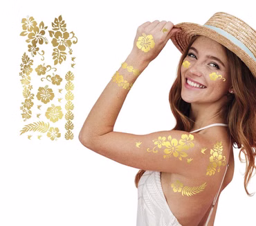 Hawaii Blumen Tattoos Gold metallic Klebe Blüten Festival Fasching Karneval