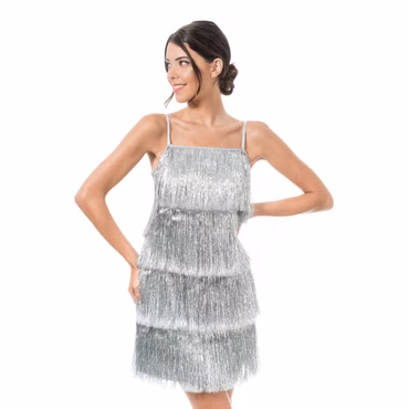 Festival Glitzerkleid Fransenkleid Tinsel Kleid Disko Party Karneval Fasching