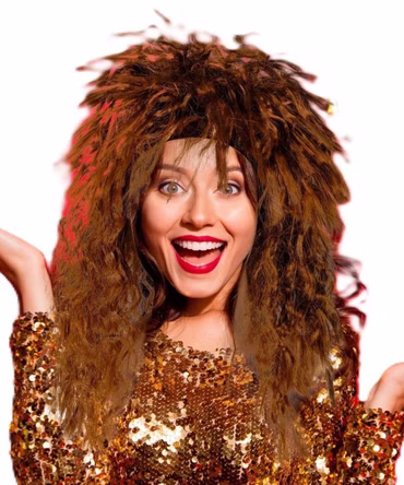 Popstar Perücke Tina Wig braune Locken voluminös Karneval Festival Fasching