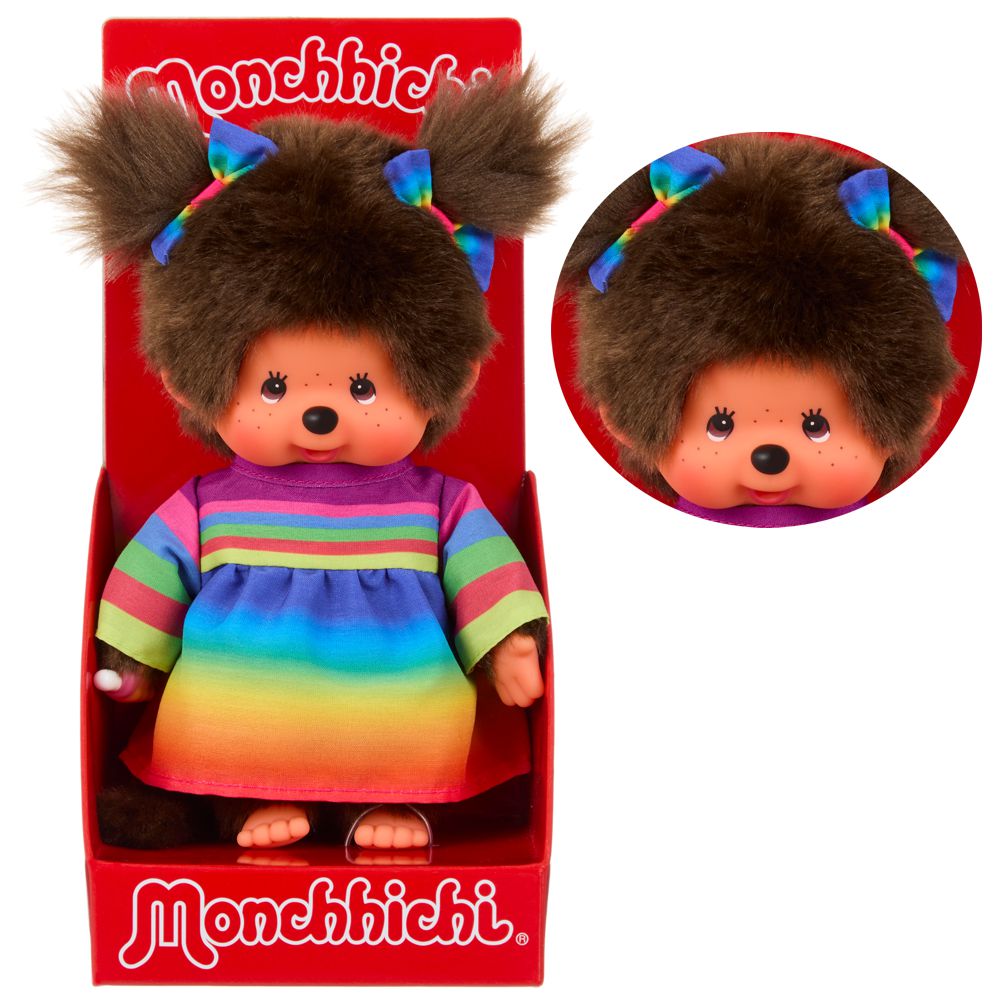 Mädchen im Regenbogen-Kleid | 20 cm Monchhichi Puppe | zwei