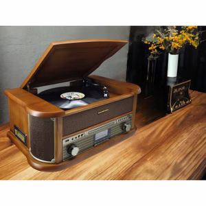Soundmaster NR566BR 7-in-1 Nostalgie Stereoanlage Plattenspieler Audio Technica Tonabnehmer DAB+ CD-MP3 USB Kassette BT Digitalisierung Equalizer