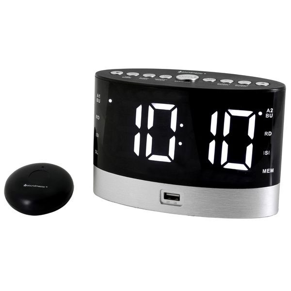 Soundmaster UR580SW Radiowecker für Hörgeschädigte und Tiefschläfer kabelloses Vibrationskissen Gangreserve Dimmbares Display UKW-Radio USB