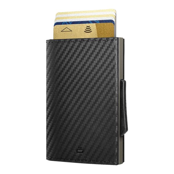 Ögon Smart Wallets - Cascade Slim Wallet - Automatische Geldbörse aus Aluminium und Leder - Popup-Karten - RFID-Schutz – Bis zu 8 Karten und Banknoten – Leder Carbon/Aluminium Titanium 