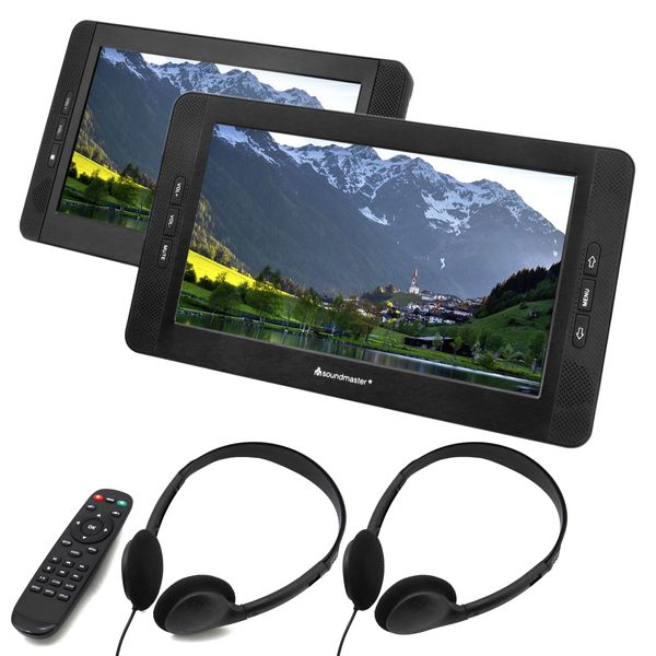 Soundmaster PDB1850SW tragbarer DVD-Player 2 Monitore mit 25,9 cm / 10.1" LCD Bildschirmen 16:9 Kopfhörern Kopfpstützenhalterung Auto Akku 5.000 mAh Fernbedienung