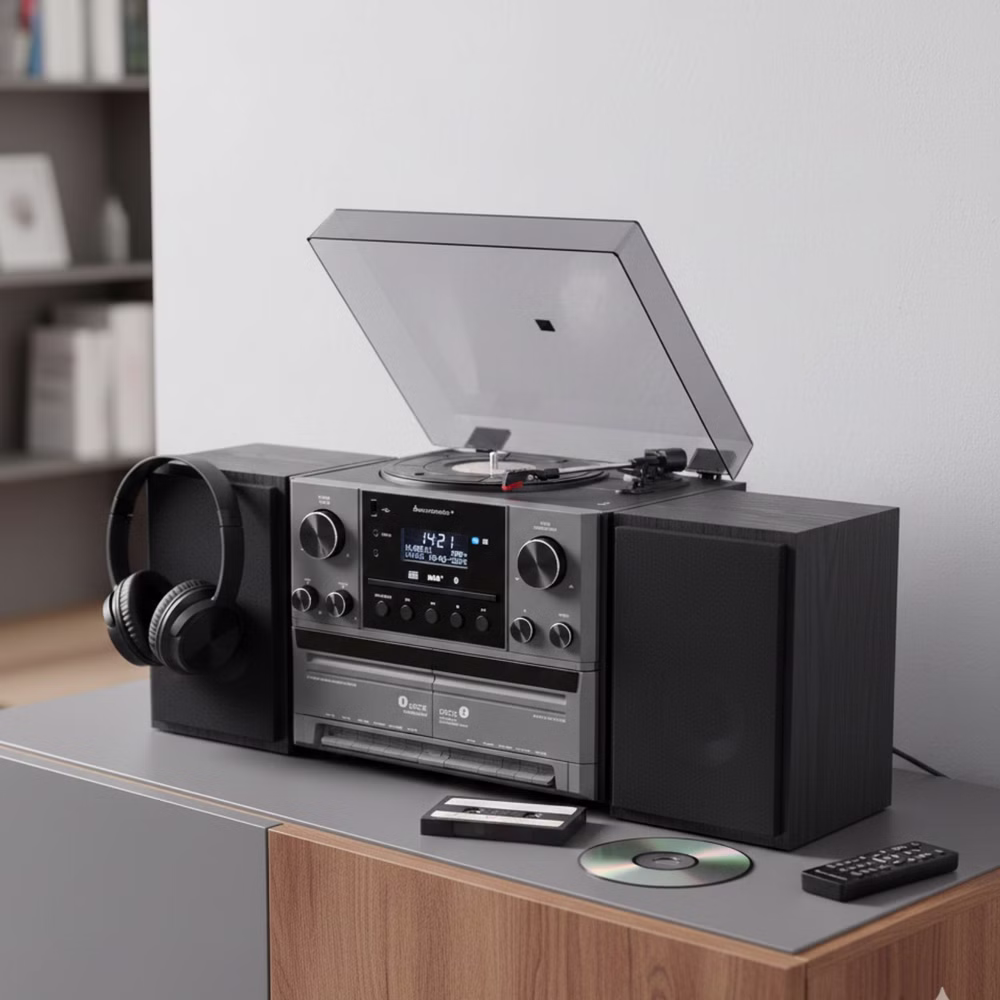 Soundmaster MCD5600 Stereoanlage mit Plattenspieler DAB+ Doppelkassette CD-Player USB MP3 Bluetooth Encoding Digitalisierung 75 Ohm Antennenanschluss