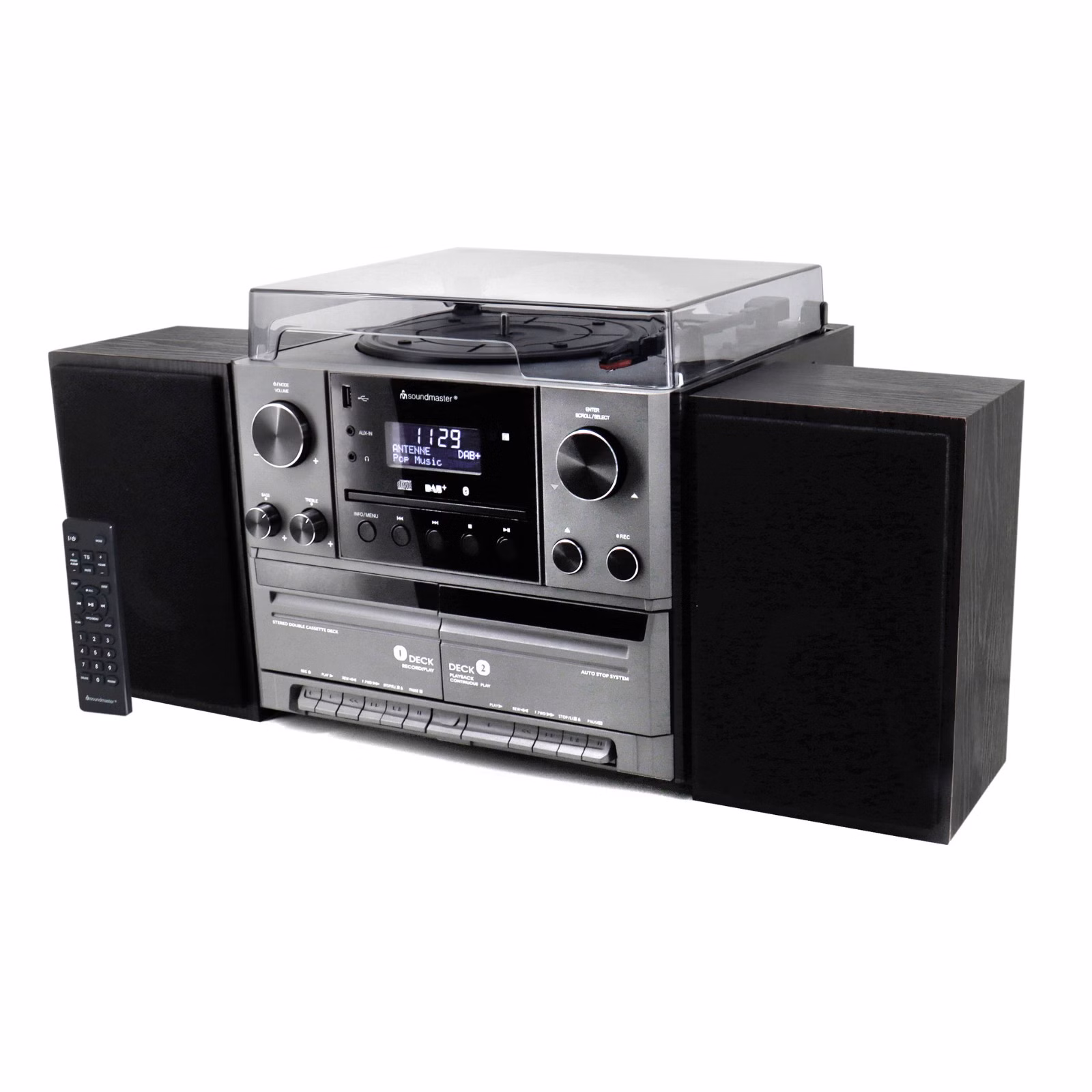Soundmaster MCD5600 Stereoanlage mit Plattenspieler DAB+ Doppelkassette CD-Player USB MP3 Bluetooth Encoding Digitalisierung 75 Ohm Antennenanschluss
