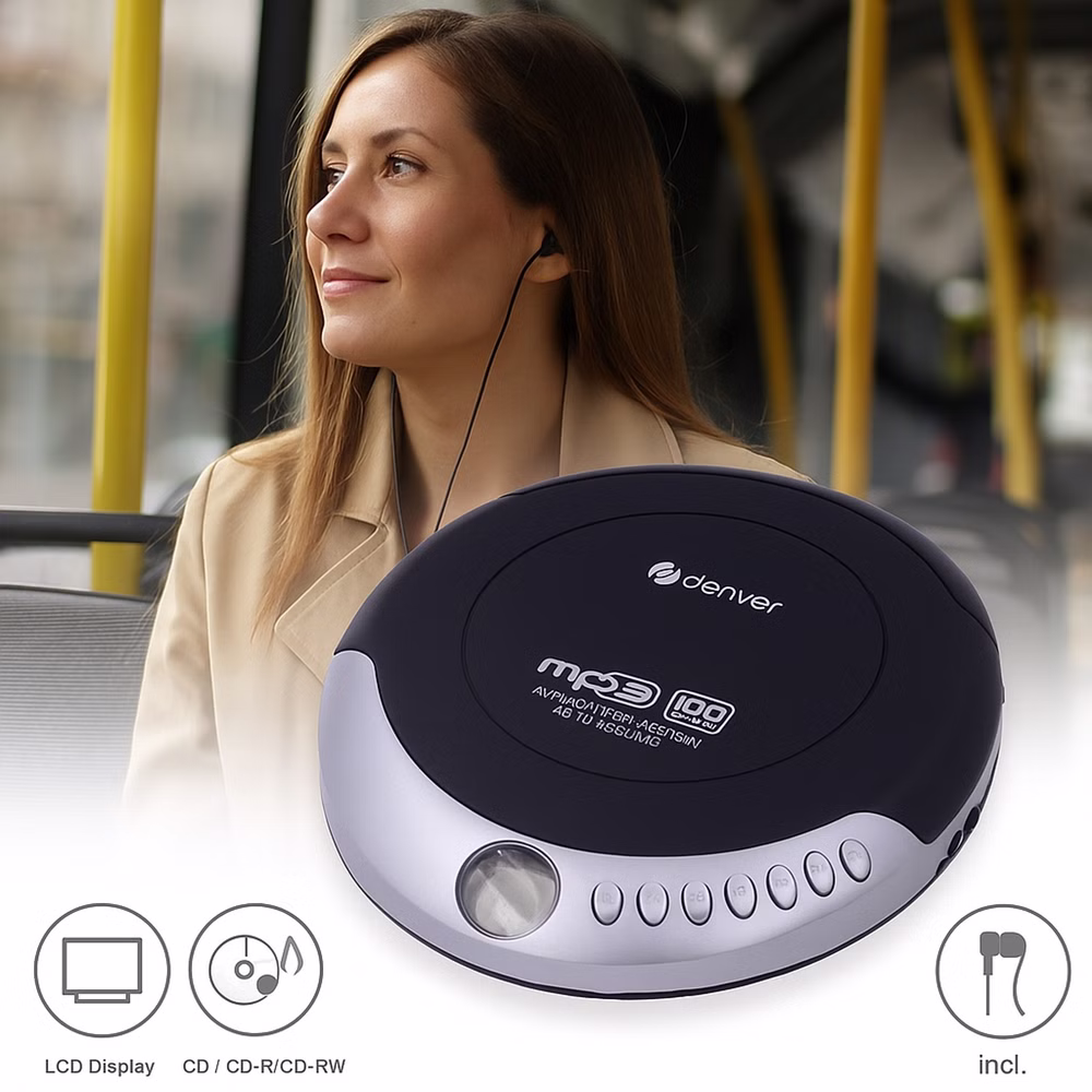 DENVER DMP-391 – Tragbarer CD-/MP3-Player mit Anti-Schock & Bass Boost + Kopfhörer