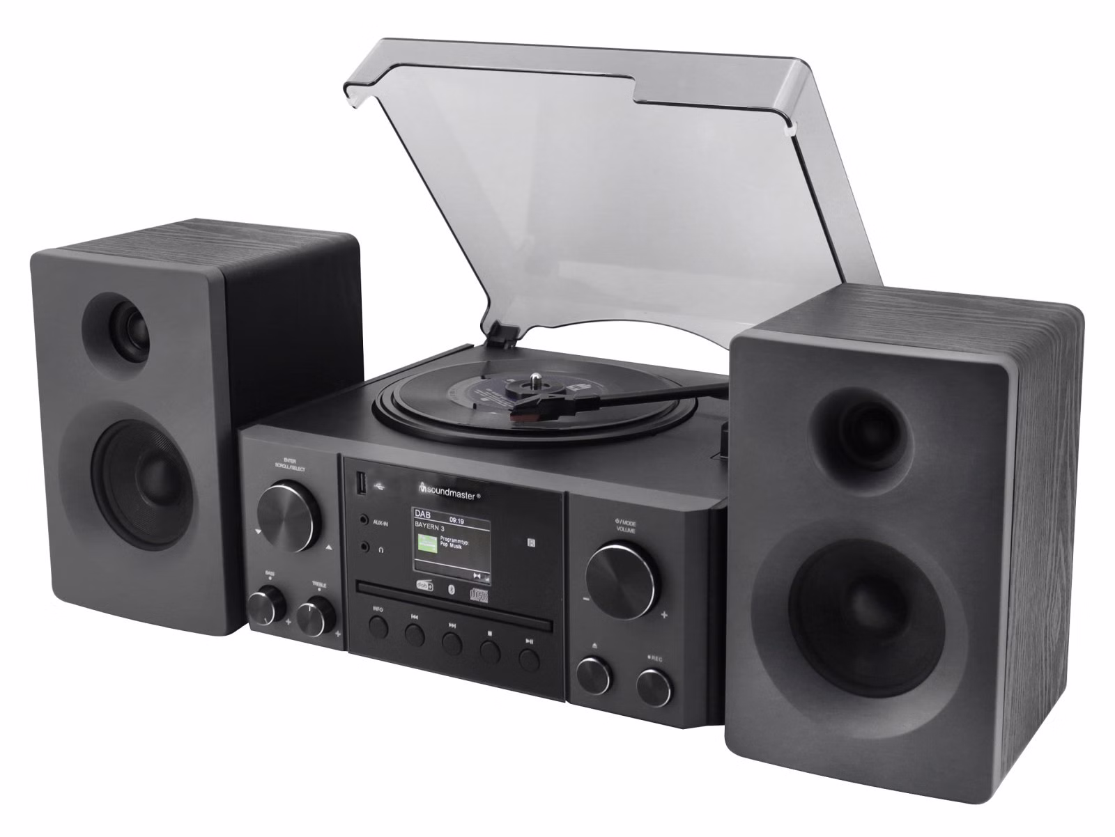 Soundmaster MCD1950SW Stereoanlage mit Plattenspieler DAB+ CD-Player USB MP3 Bluetooth Encoding Digitalisierung 75 Ohm Antennenanschluss