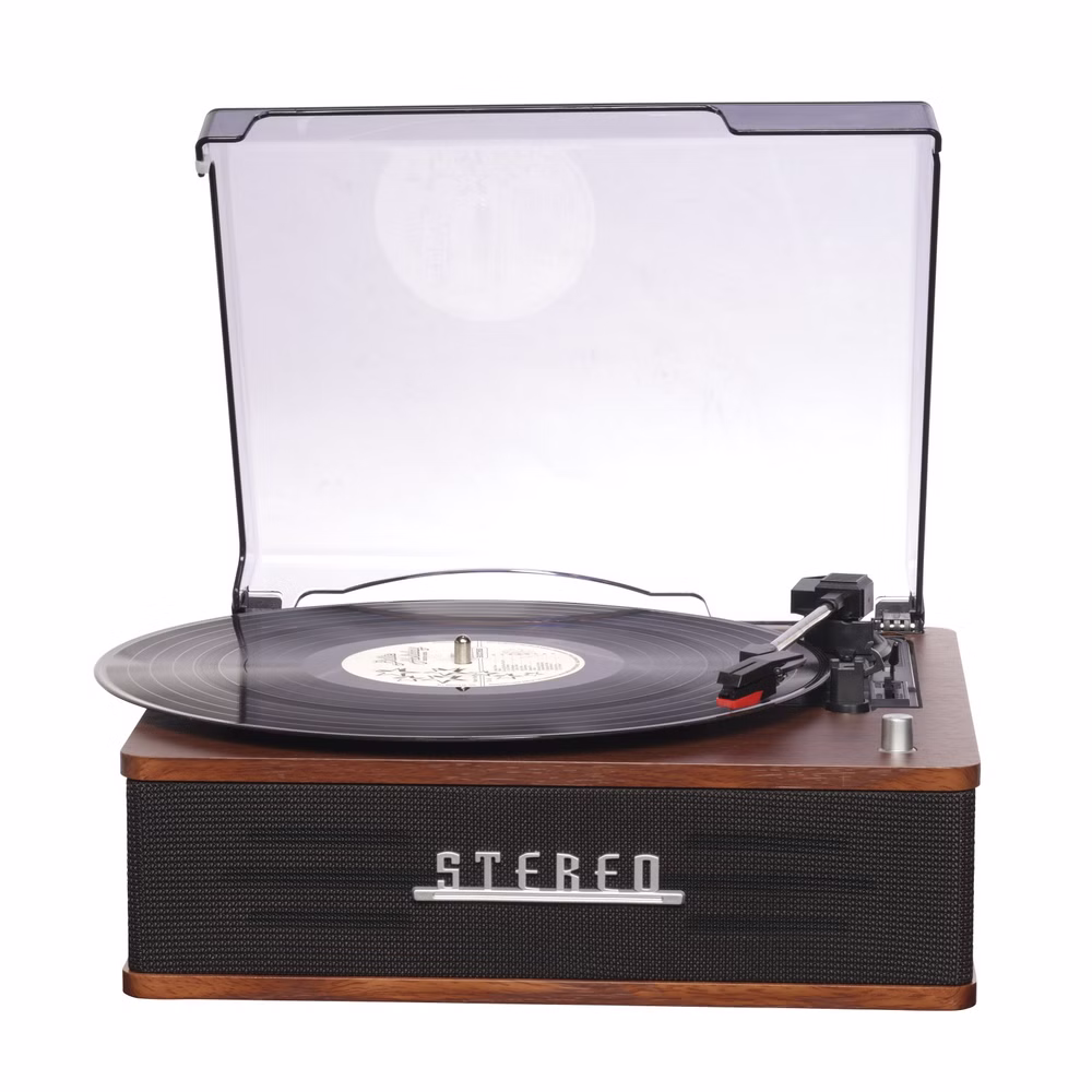 Denver VPB-262 Retro Plattenspieler mit Bluetooth 5.0, integrierten Stereo-Lautsprechern, 3 Geschwindigkeiten, Auto-Stop und RCA-Ausgang