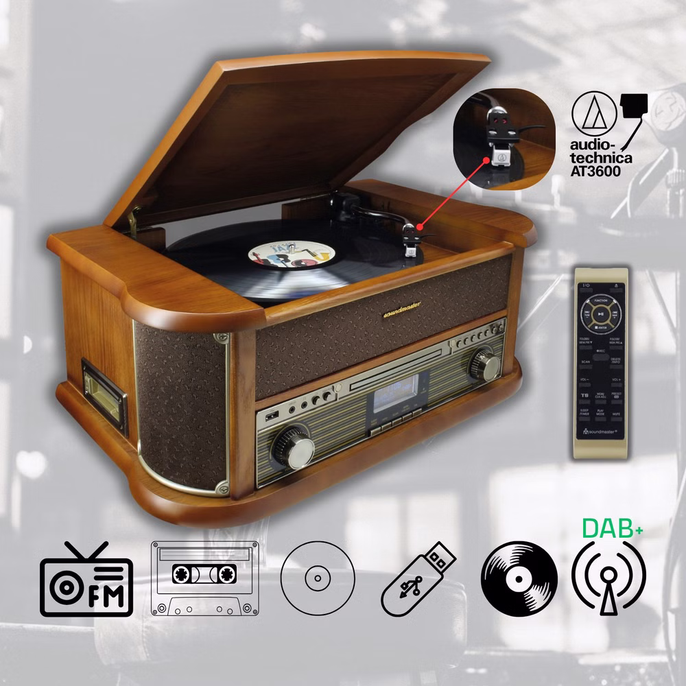 Soundmaster NR566BE 7-in-1 Nostalgie Stereoanlage Plattenspieler Audio Technica Tonabnehmer DAB+ CD-MP3 USB Kassette BT Digitalisierung Equalizer