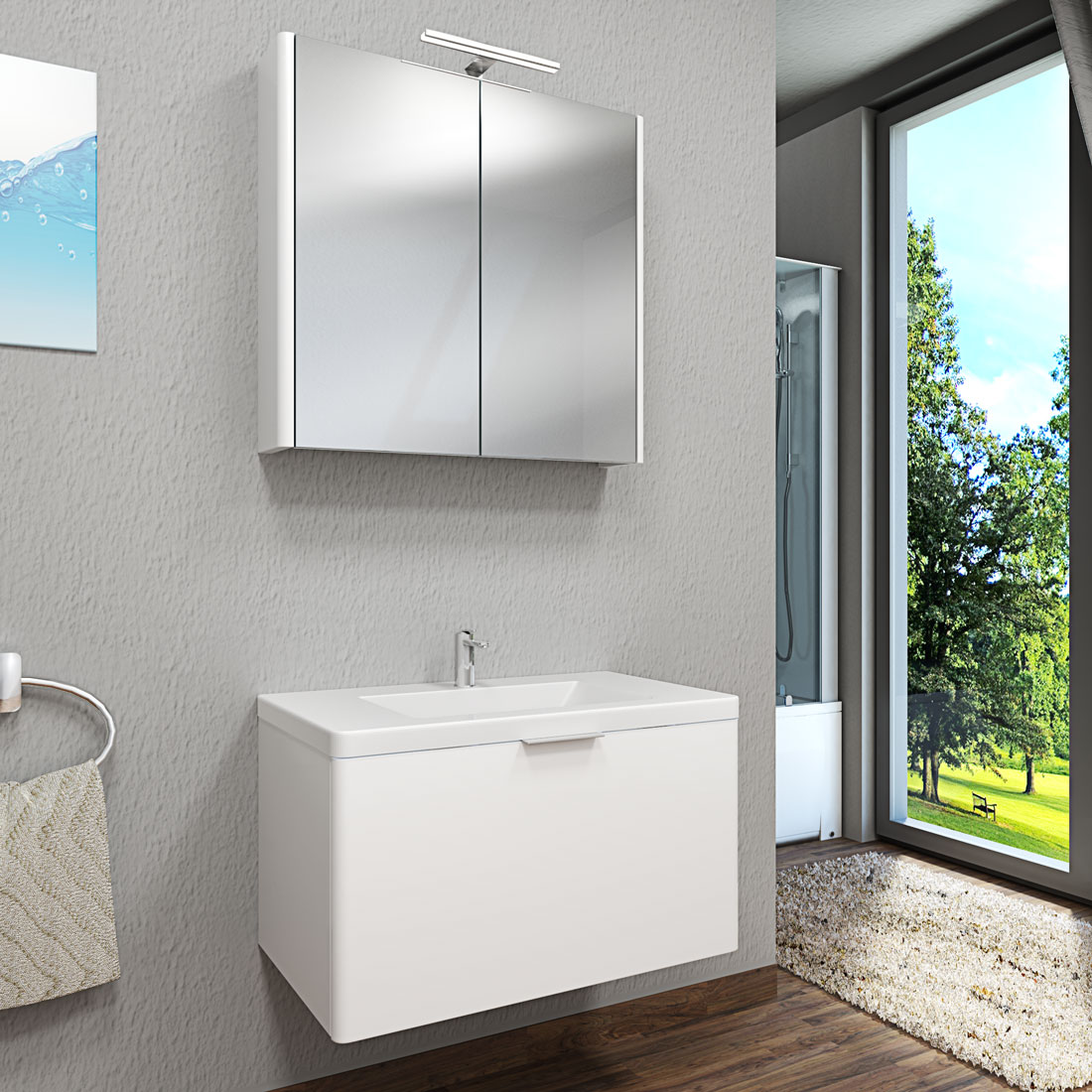 Waschtisch mit Spiegelschrank, Waschbecken Curve 80 Set-1 MDF weiß | eBay