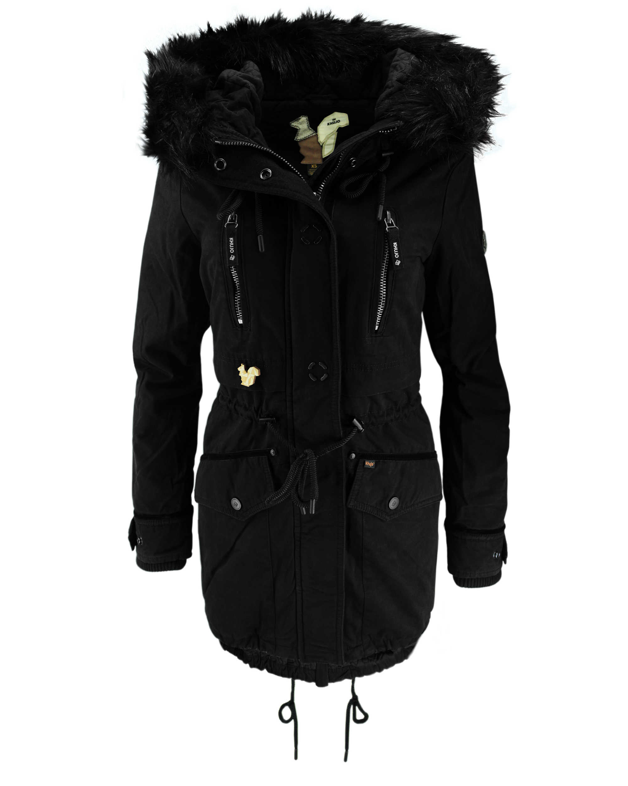 KHUJO Damen Wintermantel Mantel Jacke FREJA Winter Parka schwarz Kapuze Fell Damen Jacken 