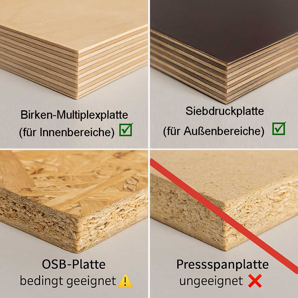 Vergleich von vier Plattenarten für den Kletterwandbau: Birken-Multiplex (für Innenbereiche, mit grünem Haken), Siebdruckplatte (für Außenbereiche, mit grünem Haken), OSB-Platte (bedingt geeignet, mit gelbem Ausrufezeichen), Pressspanplatte (ungeeignet, mit rotem Kreuz)