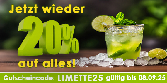 20 Prozent Rabatt Aktion - Sparen Sie 20% mit dem Rabattcode Limette25 auf das gesamte Sortiment mit Olivenölen aus Italien, Rum, Likören, Gin, Obstbränden, Essig & Balsam Crema