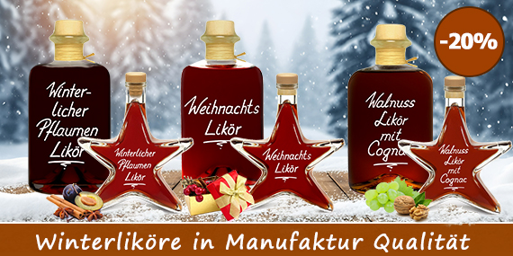 Weihnachtsliköre für Winterzeit und als Weihnachtsgeschenk mit winterlichen Gewürzen als Pflaumen oder Cognac Walnuss Likör 