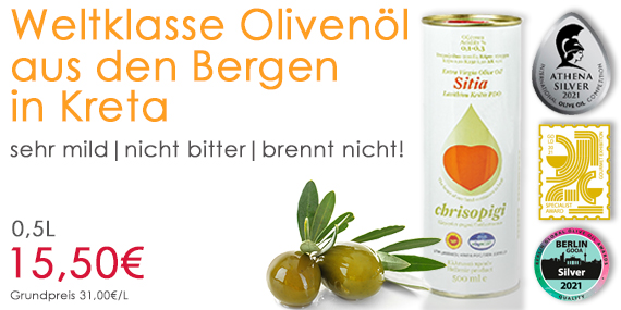 Chrisopigi - mildes Olivenöl aus Kreta perfekt in Harmonie mit unserem Balsamico Bestseller 25 Sterne Balsamessig 