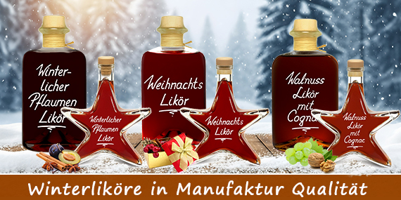 Weihnachtsliköre für Winterzeit und als Weihnachtsgeschenk mit winterlichen Gewürzen als Pflaumen oder Cognac Walnuss Likör 