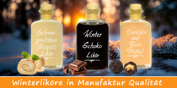 Winterliche Liköre für Weihnachte mit Schneeflocke Schneegestöber und Eierlikör auf Rum