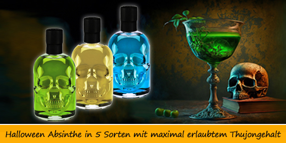 Für Deine Halloween Party Absinth mit maximal erlaubtem Thujongehalt in 5 Sorten im Totenkopf 