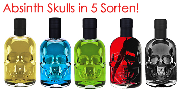 Absinth in 5 Sorten in cooler Totenkopf Flasche für Deine Party an Fasching und Karneval 
