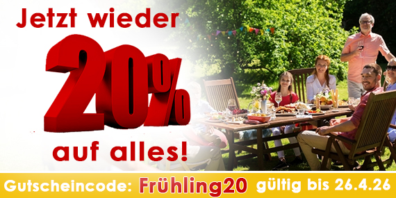 20% Rabatt auf alles im April 2026 mit dem Rabattcode Frühling20