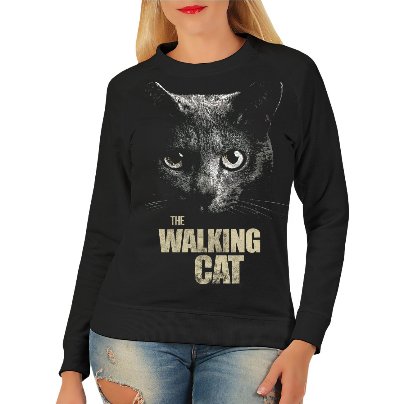 Damen Pullover Sweatshirt The Walking Cat Katze catlove spruch