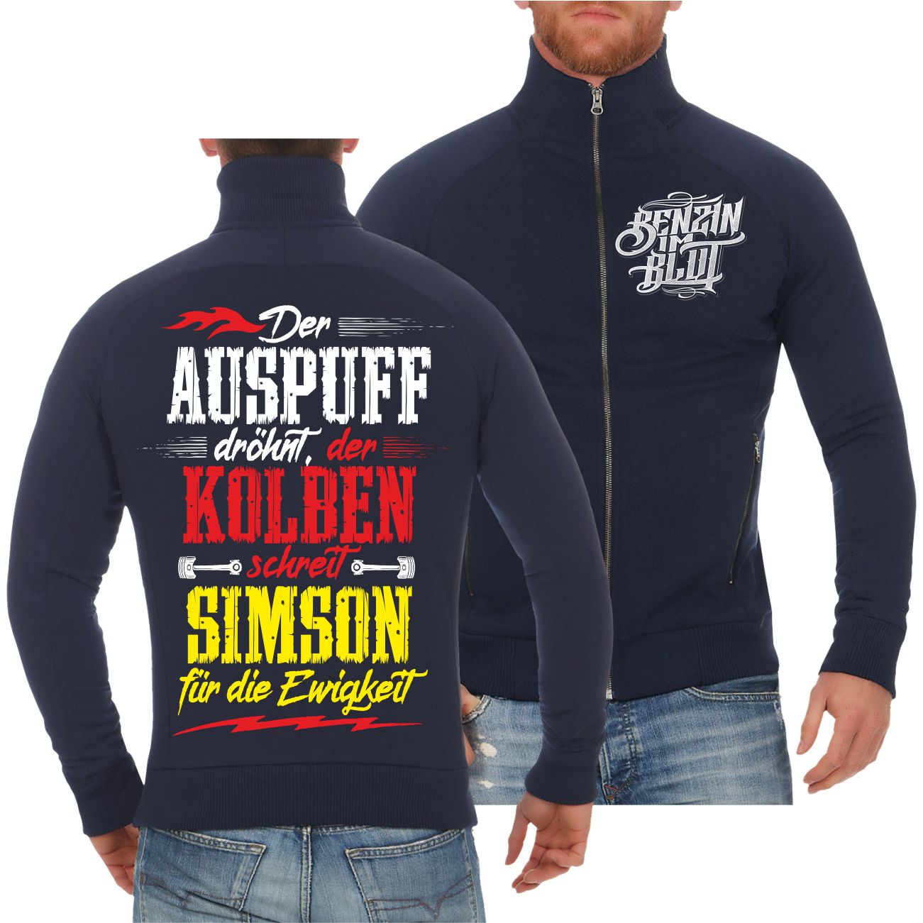 Männer Sweatjacke Benzin im Blut Simson Moped Spruch auf dem Rücken