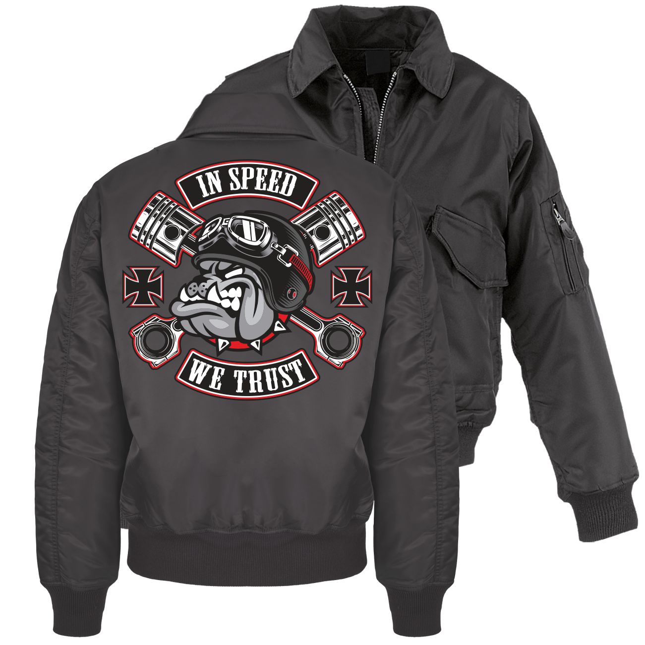 Spass Kostet CWU Bomberjacke mit Kragen In Speed we Trust Rockn Roll