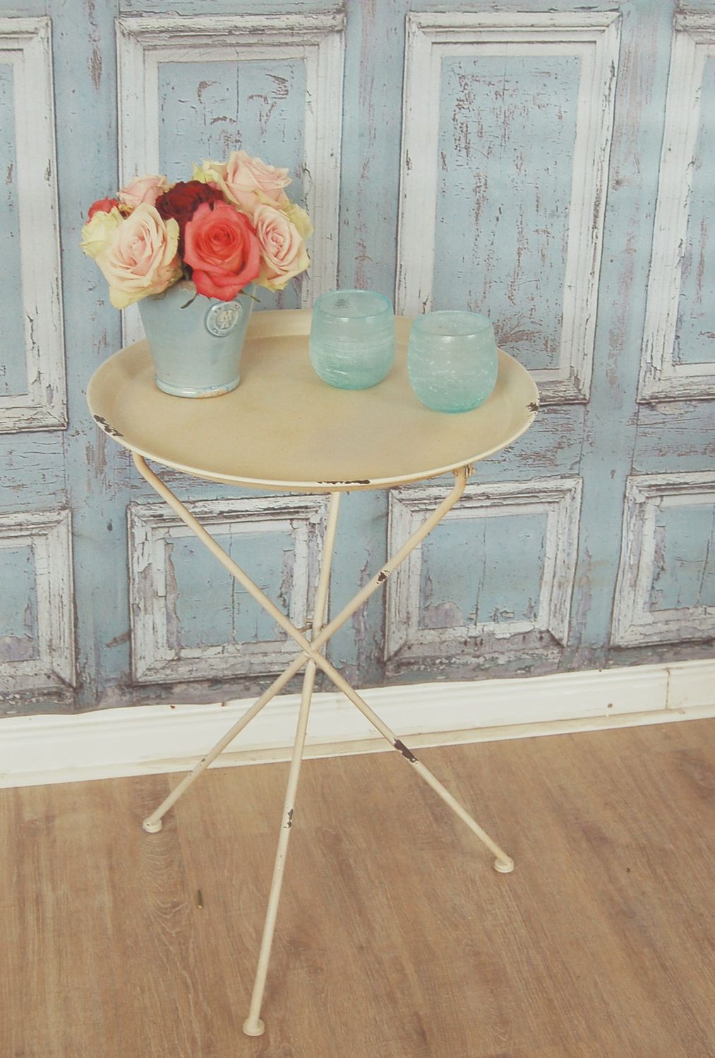 Beistelltisch BLANCO vintage Metall-Klapptisch rund im Shabby chic weiß