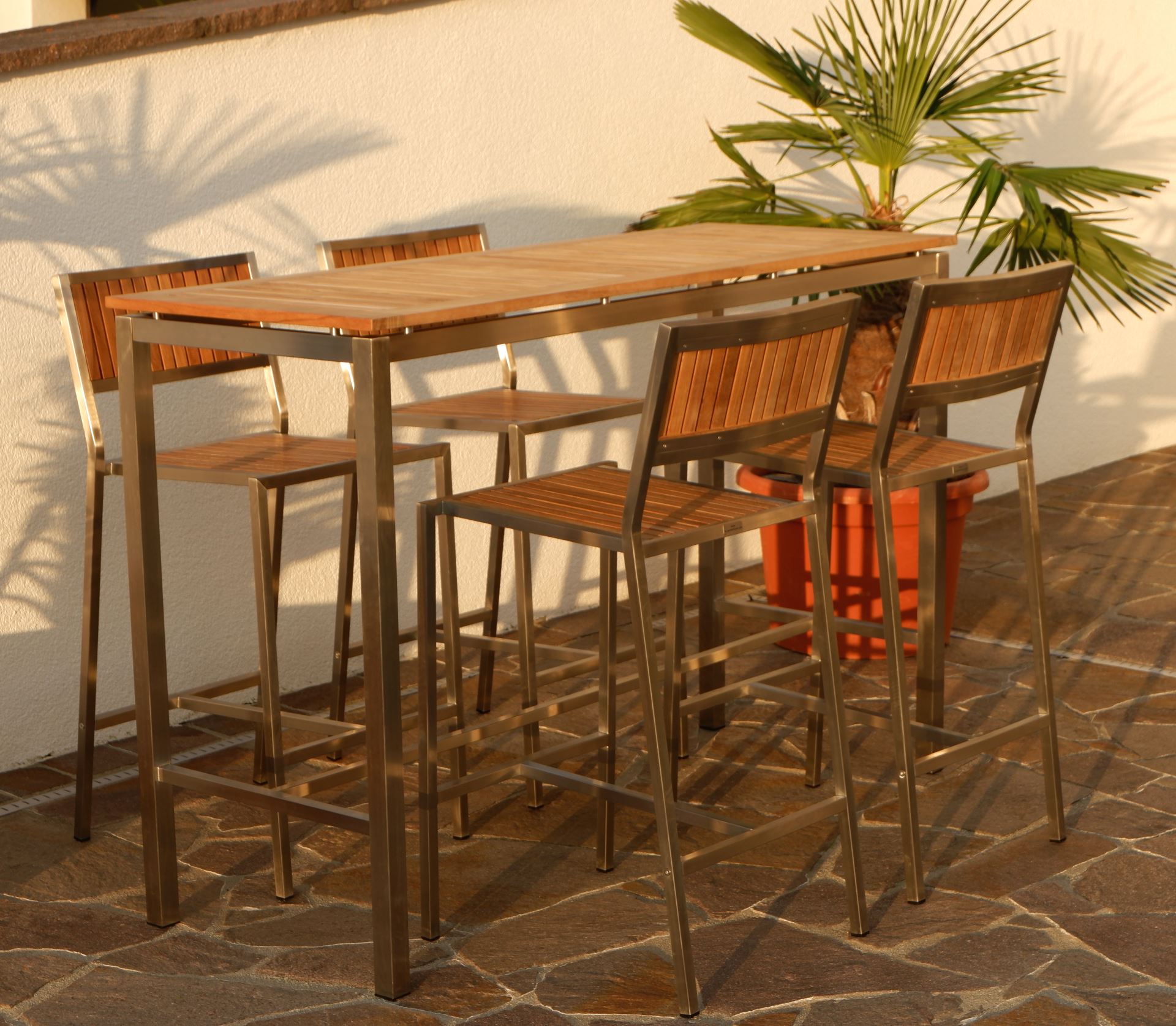 BAR-SET - EDELSTAHL TEAK Bartisch Bistrotisch 160x60cm mit 4x Barhocker