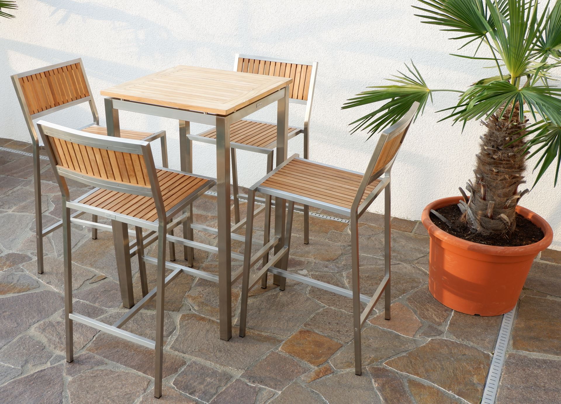 BAR-SET - EDELSTAHL TEAK Bartisch Bistrotisch 60x60cm mit 4x Barhocker