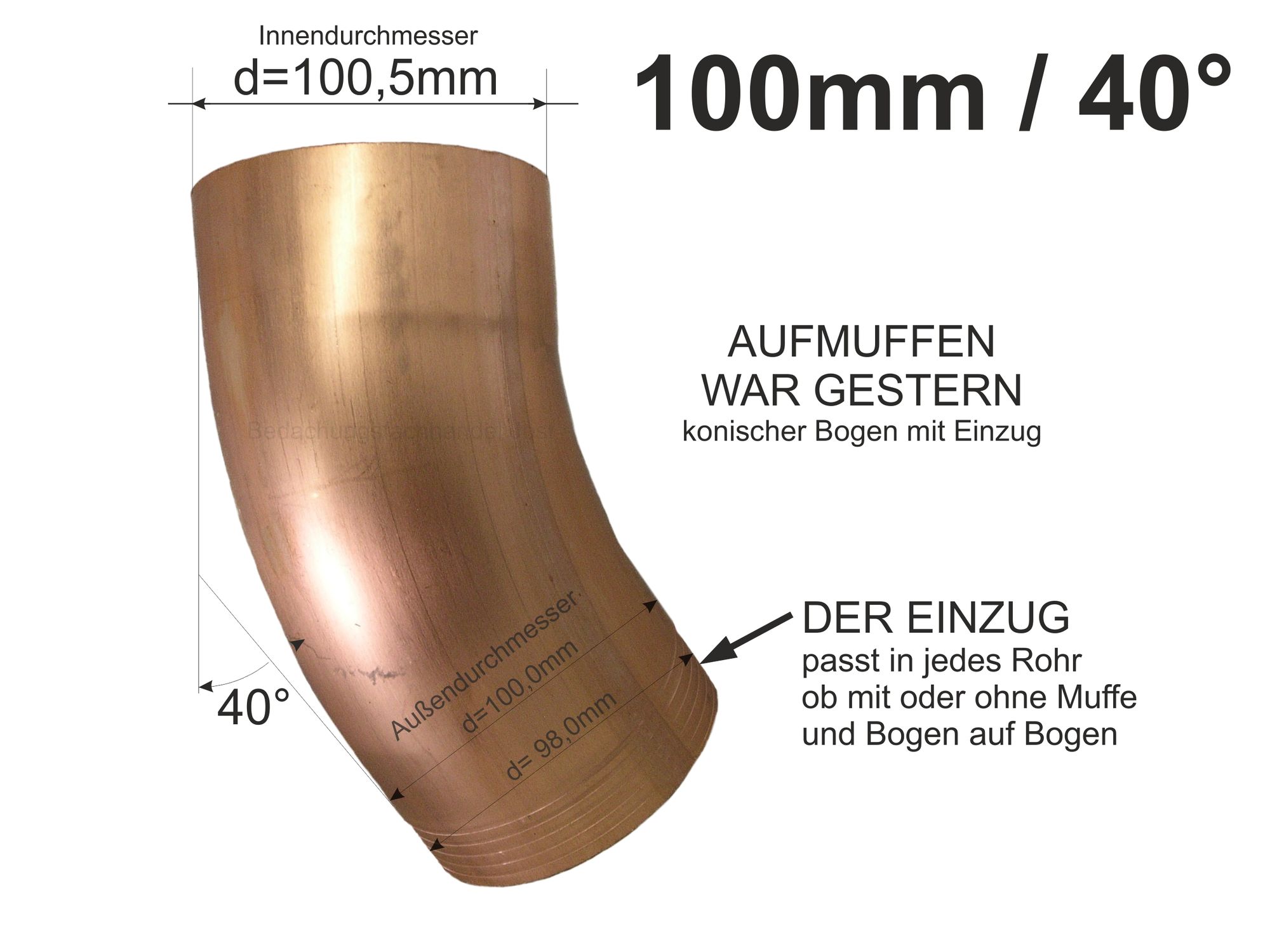 Kupfer Fallrohrbogen mit Einzug d=100mm x 40° Fallrohr Bogen | Dach Teufel